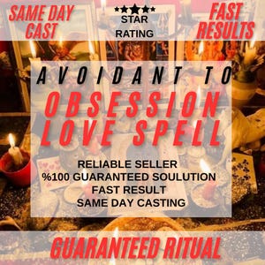 Op de afbeelding: Een rituele opstelling met brandende kaarsen, speelkaarten en ingelijste religieuze afbeeldingen. De tekstoverlays luiden: SAME DAY CAST, STAR RATING, FAST RESULTS, AVOIDANT TO OBSESSION LOVE SPELL, RELIABLE SELLER, %100 GUARANTEED SOULUTION, FAST RESULT, SAME DAY CASTING, GUARANTEED RITUAL.