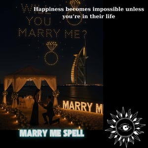 May include: A night scene on a beach featuring a proposal setup with a gazebo, white flowers, and candles. The text 'MARRY ME' is illuminated in large letters. Above, a drone display shows 'WILL YOU MARRY ME?' and ring shapes. The Burj Al Arab is visible.