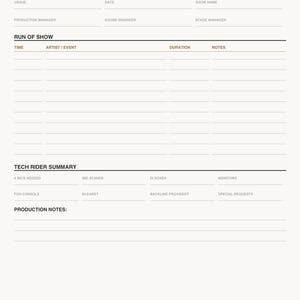 Scheda di produzione della sede stampabile / Programma dello spettacolo + Planimetria del palco + Scheda tecnica / Pianificatore di eventi per locali musicali in formato PDF / Download immediato