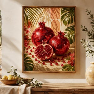 Puede incluir: Una lámina de arte enmarcada que muestra dos granadas enteras de mosaico rojo y una granada partida por la mitad, rodeadas de semillas rojas dispersas, hojas verdes de monstera y flores rojas sobre un fondo arquitectónico soleado.