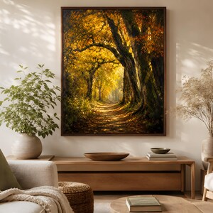 Autumn Forest Path Print, Golden Woodland Wall Art, Framed Nature Decor
