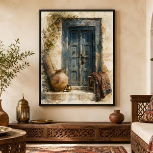 Pakistani Village Door Print, Blue Rustic Wall Art, South Asian Decor, Heritage Architecture Poster