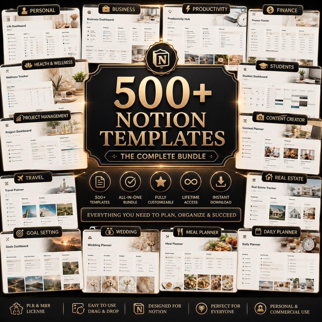 500+ Notion Templates Bundle PLR & Master Resell Rights MRR - Editable Planners B01