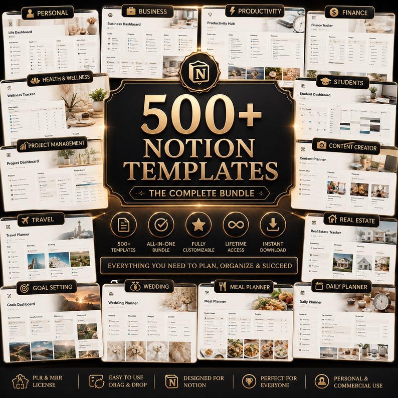 Pu&ograve; includere: Una collezione digitale di oltre 500 modelli Notion con un badge centrale nero e oro con il testo 500+ NOTION TEMPLATES THE COMPLETE BUNDLE. Attorno al badge si trovano varie anteprime di dashboard per uso personale e professionale.