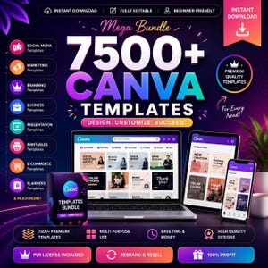 Peut inclure: Un ensemble de produits numériques comprenant plus de 7500 modèles Canva pour les réseaux sociaux, le marketing, la marque et les présentations. L'image montre un ordinateur portable, une tablette et un smartphone avec le texte : Mega Bundle 7500+ Canva Templates.