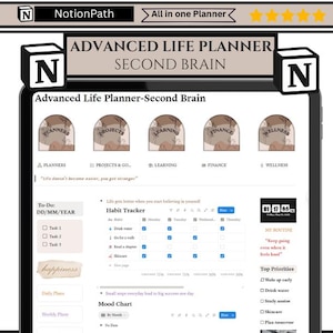 Könnte beinhalten: Digitale Planer-Oberfläche auf einem Tablet, mit dem Text "Advanced Life Planner - Second Brain". Der Bildschirm zeigt Abschnitte für Planung, Projekte, Lernen, Finanzen und Wellness. Enthält einen Gewohnheitstracker, eine To-Do-Liste und eine Stimmungstabelle.