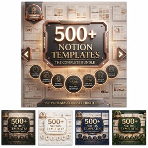 Pu&ograve; includere: Un pacchetto di prodotti digitali con oltre 500 modelli Notion e una placca metallica scura centrale con il testo 500+ NOTION TEMPLATES THE COMPLETE BUNDLE. Sei icone circolari sottostanti rappresentano categorie come salute, nutrizione e gestione.