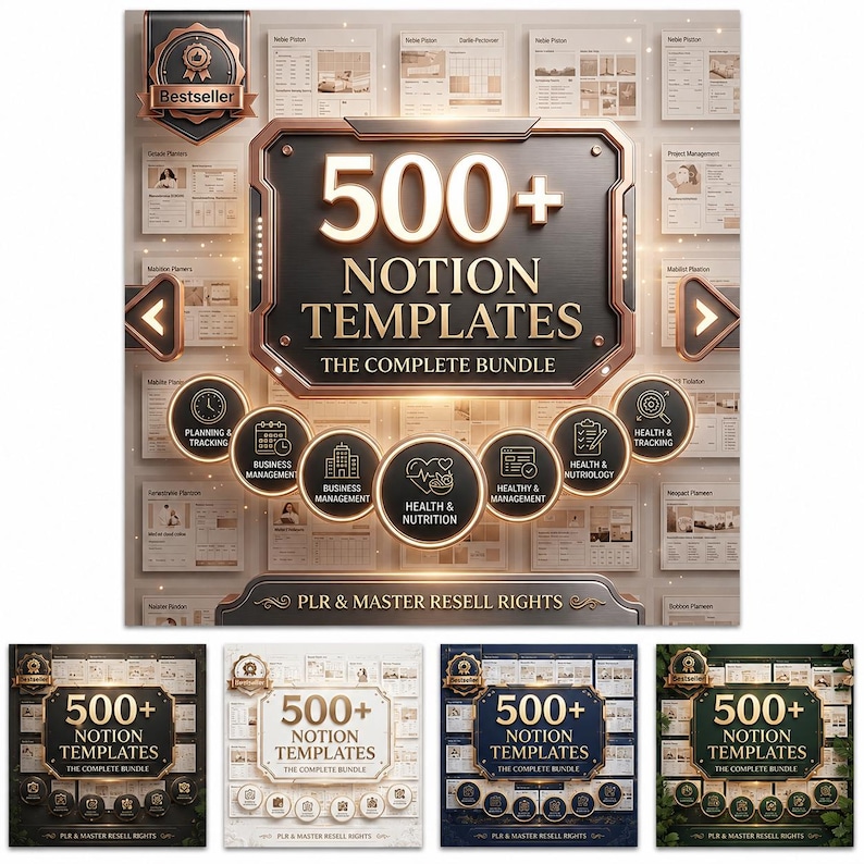 Pu&ograve; includere: Un pacchetto di prodotti digitali con oltre 500 modelli Notion e una placca metallica scura centrale con il testo 500+ NOTION TEMPLATES THE COMPLETE BUNDLE. Sei icone circolari sottostanti rappresentano categorie come salute, nutrizione e gestione.
