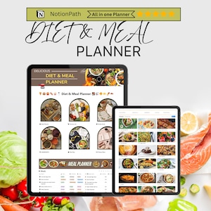 Może przedstawiać: Cyfrowy planer diety i posiłków wyświetlany na dwóch ekranach tabletów. Interfejs zawiera tekst "NotionPath", "All in one Planner" oraz "DIET & MEAL PLANNER" wraz z różnymi zdjęciami żywności, kategoriami posiłków i zorganizowanymi tabelami.