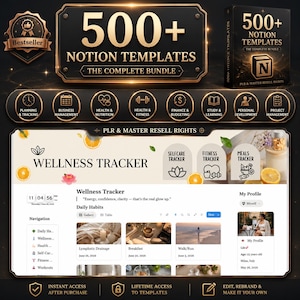 Pu&ograve; includere: Un pacchetto di prodotti digitali contenente oltre 500 modelli Notion con un'estetica nera e dorata. Il display include un'interfaccia di monitoraggio del benessere con abitudini quotidiane, una sezione profilo e menu di navigazione.