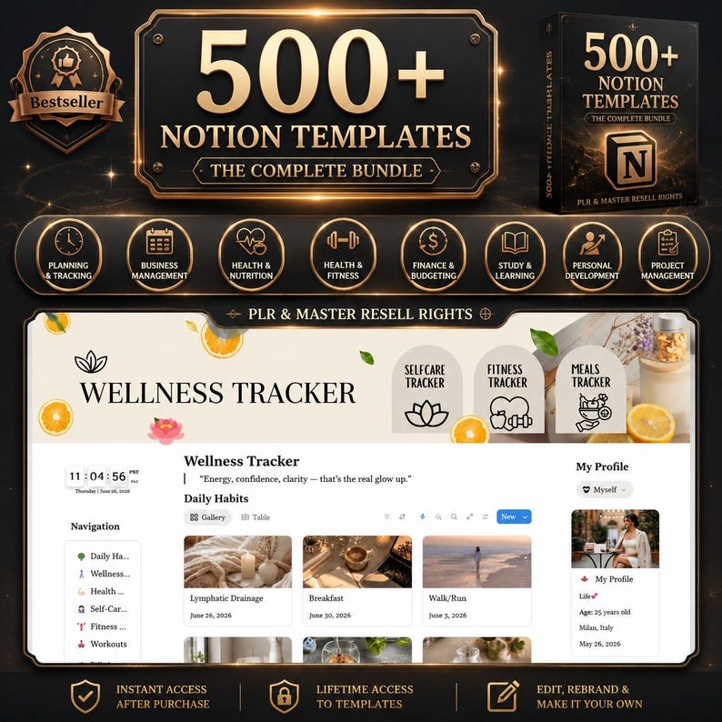 Pu&ograve; includere: Un pacchetto di prodotti digitali contenente oltre 500 modelli Notion con un'estetica nera e dorata. Il display include un'interfaccia di monitoraggio del benessere con abitudini quotidiane, una sezione profilo e menu di navigazione.