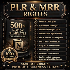 Pu&ograve; includere: Un pacchetto di prodotti digitali con oltre 500 modelli Notion con diritti PLR e MRR. L'immagine mostra una copertina di libro nera con testo dorato, un elenco di diritti di utilizzo e un badge 100% legale e sicuro.