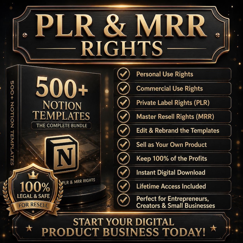 Pu&ograve; includere: Un pacchetto di prodotti digitali con oltre 500 modelli Notion con diritti PLR e MRR. L'immagine mostra una copertina di libro nera con testo dorato, un elenco di diritti di utilizzo e un badge 100% legale e sicuro.