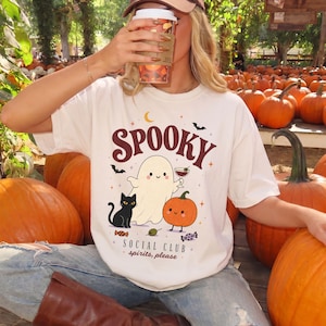 Spooky Social Club Shirt, Cute Ghost Halloween Shirt, Kawaii Halloween Tee, Pumpkin Patch Shirt, Black Cat Shirt, Cozy Autumn Tee