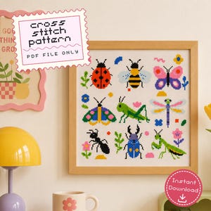 May include: A framed cross stitch pattern featuring a grid of colorful insects including a ladybug, bee, butterfly, grasshopper, dragonfly, ant, beetle, and praying mantis. The text "cross stitch pattern PDF FILE ONLY" is displayed in a white stamp.