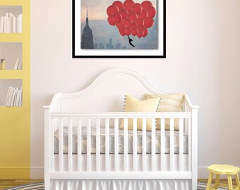 Baby Nursery Art- Red Balloons in New York - 20x30 fine art print - baby nursery room - home decor - large wall art - New York Skyline