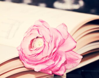 Bibliophile- 8x10 photograph - fine art print - pink ranunculus - gifts for women - nursery art - sweet little flower