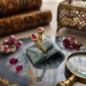 May include: A gold ring featuring two oval-cut red rubies set in a bypass style. The ring is displayed on a blue velvet holder, surrounded by loose red rubies, a cluster of red crystals, and a magnifying glass with a wooden handle.