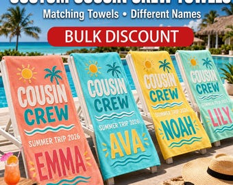 Toalla de playa personalizada Cousin Crew, regalo a juego personalizado para las vacaciones de verano