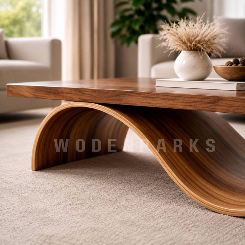 Op de afbeelding: Een moderne, gebogen houten salontafel met een donkerbruin tafelblad en een lichtere, gelaagde houten basis. De tafel heeft de tekst "WODE ARKS" op de basis. Een witte vaas met gedroogde planten en een houten kom staan op de tafel.