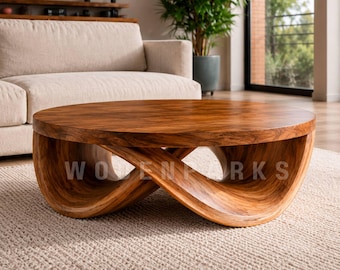 Ronde salontafel van massief hout, handgemaakte sculpturale houten bijzettafel, organische moderne woonkamertafel, salontafel met gebogen onderstel