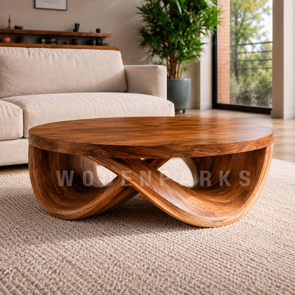 Table basse ronde en bois massif, table basse sculpturale en bois faite à la main, table de salon moderne et organique, table basse à base incurvée