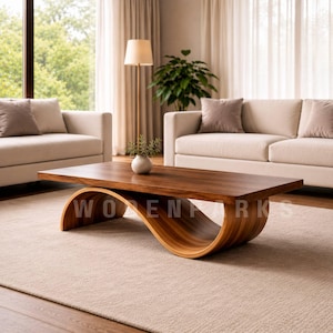 Rectangular Solid Wood Coffee Table, Handmade Sculptural Wave Base Table, Modern Wood Center Table for Living Room