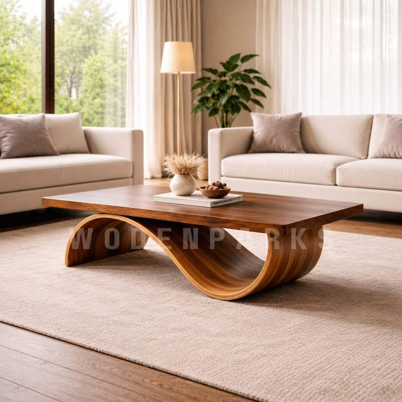 Op de afbeelding: Een moderne salontafel van donker hout met een unieke, golvende basis. Het rechthoekige tafelblad bevat decoratieve items. De tafel staat in een woonkamer met neutrale meubels en een lichtgekleurd tapijt. De tekst "WOODENPARK" is zichtbaar.