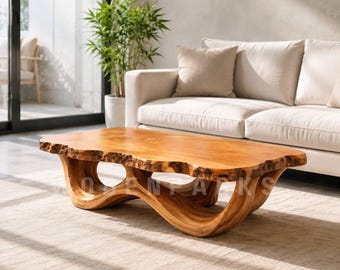 Salontafel van massief hout met natuurlijke randen, handgemaakte tafel met sculpturale golvende voet, organische moderne houten middentafel voor de woonkamer