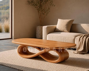Ovale salontafel van massief hout, handgemaakte tafel met sculpturale gebogen voet, organische moderne middentafel voor de woonkamer