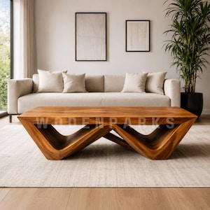 Solid Wood Coffee Table, Handmade Rectangular Center Table, Modern Sculptural Wood Table for Living Room