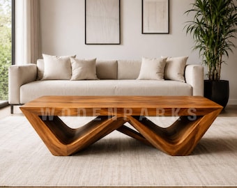 Massief houten salontafel, handgemaakte rechthoekige bijzettafel, moderne sculpturale houten tafel voor de woonkamer