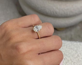 2 Carat Pear Cut Lab Grown Diamond Ring / Pear Shaped Engagement Ring / Solitaire Minimalist Ring / 14K Gold Thin Dainty Ring