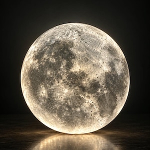 Könnte beinhalten: Eine kugelförmige Lampe, die dem Mond nachempfunden ist und eine strukturierte Oberfläche mit detaillierten Kratern und Mondebenen aufweist. Das Licht strahlt einen warmen, sanften Schein aus und beleuchtet die komplexe Topografie.