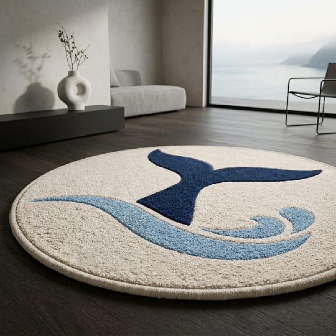 Cute Round Nursery Rug - Whale Tail Kids Room Decor, Tufted Wool ...