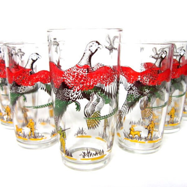Collectible Peanut Butter Glasses, Set of 9 "Game Birds" by Hazel Atlas for Big Top, Pheasants & Hunters