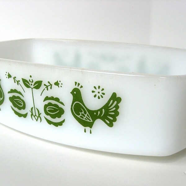 Vintage Federal Glass Loaf Pan Casserole Dish White with Green Chickens Hens