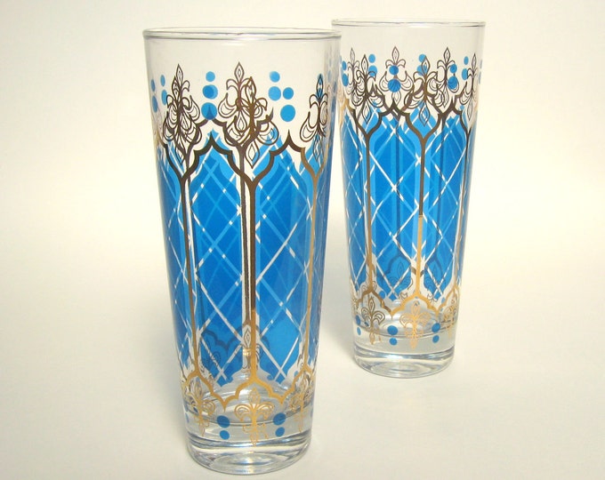 Midcentury Blue & Gold Glass Tumblers Set of 2 Swanky Etsy