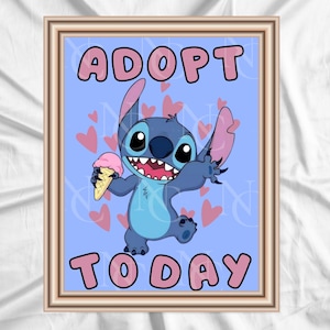 May include: Framed print featuring the character Stitch from Lilo & Stitch. Stitch, in shades of blue, holds an ice cream cone. The words "ADOPT TODAY" are in pink bubble letters against a light blue background with pink hearts.