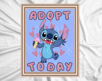Adopteer een bord afdrukbaar | Stitch Verjaardagsfeestje Decor | 8,5 x 11 direct downloaden | Poster Stitch Adoptiestation