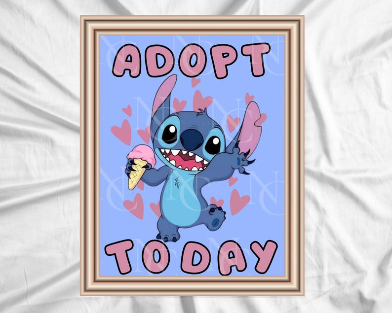 May include: Framed print featuring the character Stitch from Lilo & Stitch. Stitch, in shades of blue, holds an ice cream cone. The words "ADOPT TODAY" are in pink bubble letters against a light blue background with pink hearts.