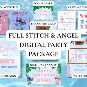Stitch & Angel Birthday Party Bundle | Invitation, Welcome Sign, Banner, Adoption Certificate | Instant Downloads and Editable Templates image 1