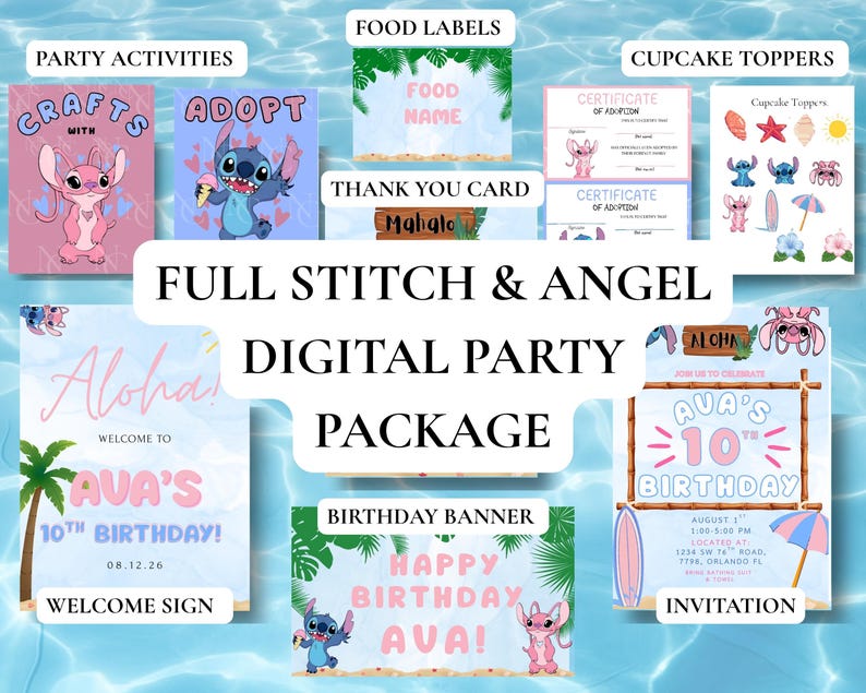 Stitch & Angel Birthday Party Bundle | Invitation, Welcome Sign, Banner, Adoption Certificate | Instant Downloads and Editable Templates image 1