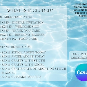 May include: A digital download information sheet with a light blue water ripple background. Text lists editable templates including a 5x7 inch invitation, 12x16 inch sign, 5x7 inch card, 60x36 inch banner, 336x240 px food card, and various 8.5x11 inch items.