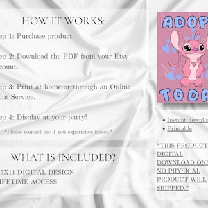Op de afbeelding: Een roze digitale download met een stripfiguur en de tekst "ADOPT TODAY". De afbeelding geeft instructies over het kopen, downloaden en afdrukken van het ontwerp. Het product is een digitaal ontwerp van 21,59 x 27,94 cm met levenslange toegang.