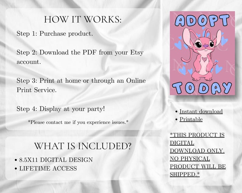 Op de afbeelding: Een roze digitale download met een stripfiguur en de tekst "ADOPT TODAY". De afbeelding geeft instructies over het kopen, downloaden en afdrukken van het ontwerp. Het product is een digitaal ontwerp van 21,59 x 27,94 cm met levenslange toegang.