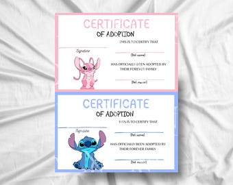 Printable Stitch Adoption Certificates | Stitch & Angel Party Activity | Kids Adoption Station PDF | Instant Download
