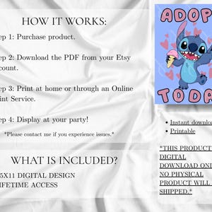 May include: A digital download poster with the text "ADOPT TODAY" and a cartoon character holding ice cream. The poster includes instructions on how to purchase, download, and print the design. It is an 8.5x11 digital design with lifetime access.
