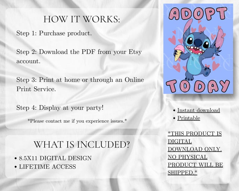 May include: A digital download poster with the text "ADOPT TODAY" and a cartoon character holding ice cream. The poster includes instructions on how to purchase, download, and print the design. It is an 8.5x11 digital design with lifetime access.