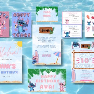 May include: A collection of printable party stationery featuring Stitch and Angel characters with tropical beach themes. Items include birthday invitations, adoption certificates, cupcake toppers, and signage with text like Aloha, Ava's 10th Birthday, and Crafts with Stitch.